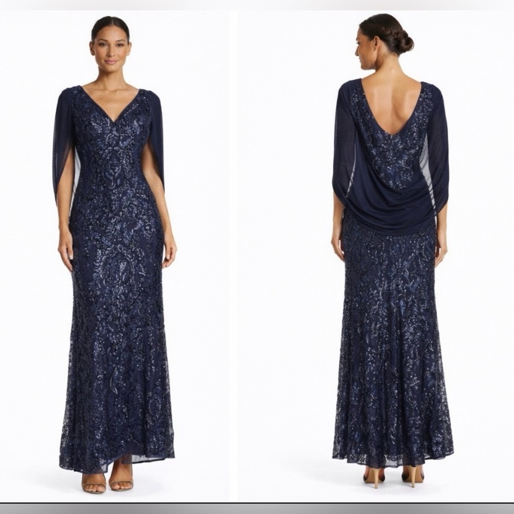 R & M Richards Formal Gown 8 Navy Blue Cape Sleeve Sequin Long Dress NEW